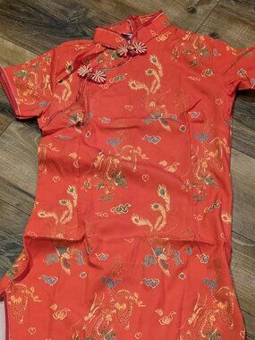 Red Dragon & Phoenix Qipao Cheongsam Dress Satin Silk blend size M